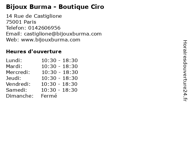 Horaires d ouverture Bijoux Burma Boutique Ciro 14 Rue de